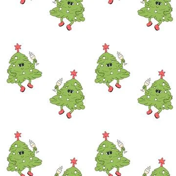 Happy new year pattern with y2k elements. Groovy characters background Stockillustratie