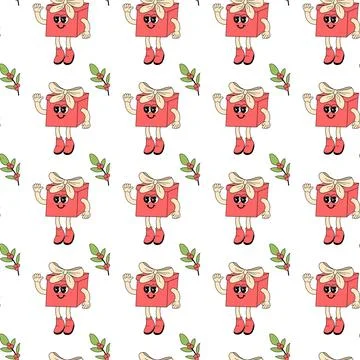 Happy new year pattern with y2k elements. Groovy characters background Illustrazione stock