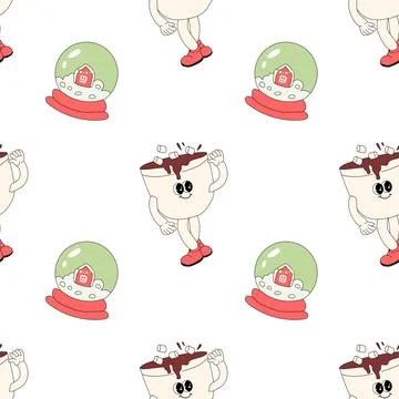 Happy new year pattern with y2k elements. Groovy characters background Stock Illustration