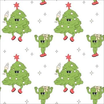 Happy new year pattern with y2k elements. Groovy characters background Illustrazione stock