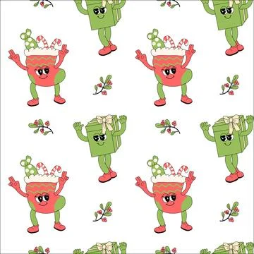Happy new year pattern with y2k elements. Groovy characters background Illustrazione stock