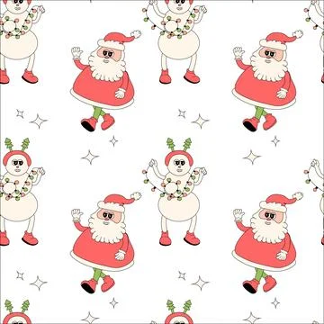 Happy new year pattern with y2k elements. Groovy characters background 스톡 일러스트