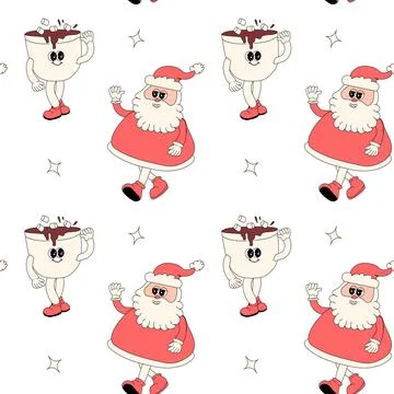 Happy new year pattern with y2k elements. Groovy characters background Stock Illustration