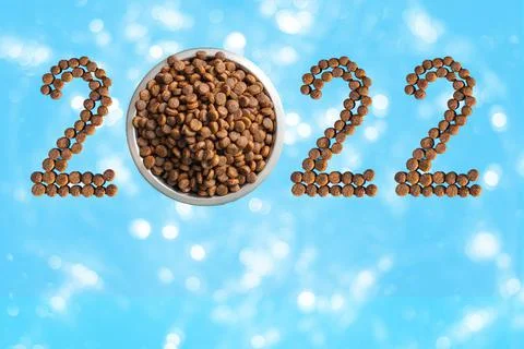 Happy new year for pets. Date 2022 made of dry food and a round metal bowl fu Stock Photos