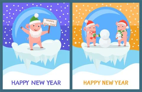 Happy New Year Piglets Building Snowman from Snow Ilustración de archivo