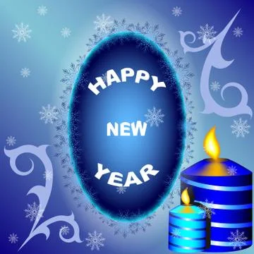 Happy New Year postcard with frame of snowflakes and candles Stock Illustration