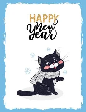 Happy New Year Postcard with Nice Black Kitten Stock Illustration