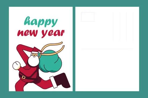 Happy New Year postcard template. Running Santa Claus with a bag of gifts Stock Illustration