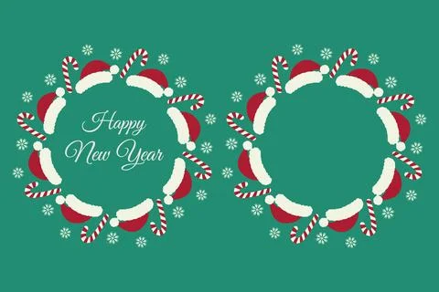 Happy New Year Round Frame with inscription, candy cane and snowflakes and Stock Illustration