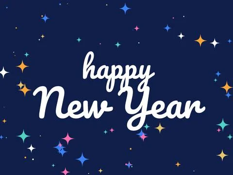 Happy New Year script lettering, white on navy with sparkles イラスト素材