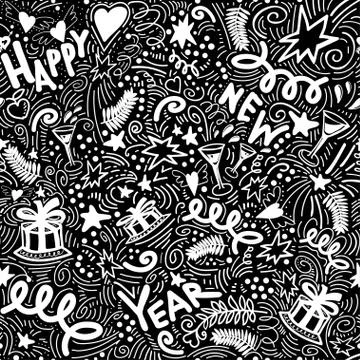 Happy New year seamless pattern with doodle attributes drawn by hand. Stock Illustration