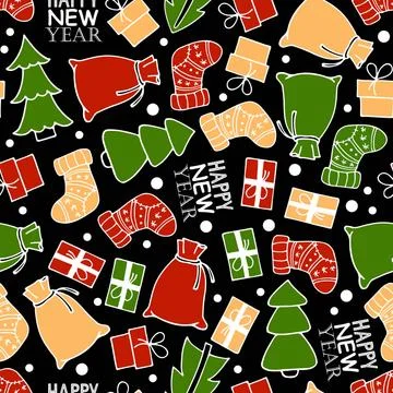 Happy New Year Seamless pattern with festive elements. Multi-color Merry Stockillustratie