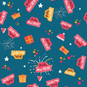 Happy New Year semless pattern. lettering typographic text on blue background Stock Illustration