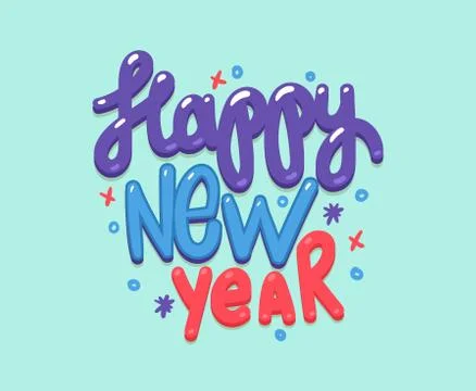 Happy New Year simple vector background with blue colour. Hand lettering drawing Stock Illustration