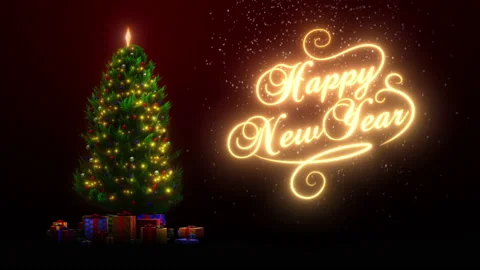 Happy New Year Text Animation with a Christmas Tree and Snowfall Stock Footage 223357632