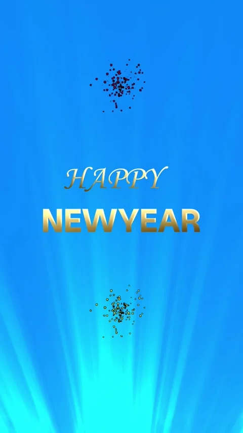 Happy New Year Text Animation with Fireworks on Blue Background Loop Stock Footage 346741741