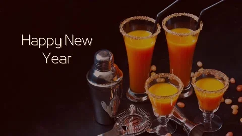Happy new year text on the background of a festive drink with several glass.. Stock Footage 226368888