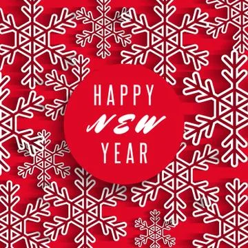Happy New Year text banner, white snowflakes on red background, winter holida Stock Illustration
