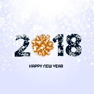Happy New Year text with bow on snowing blue background. 2018. Stock Illustration