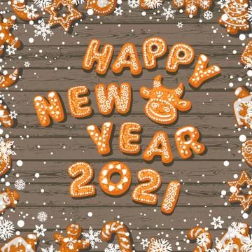 Happy New Year text composed of gingerbread cookies on old wooden table. Cartoon Stock Illustration