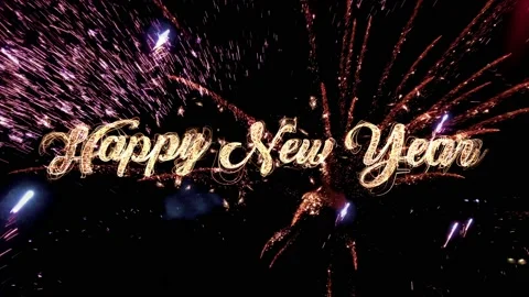 Happy New Year Text with firework isolated on black background, Stock Footage 99796918