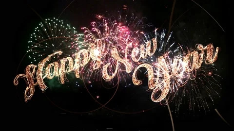 Happy New Year Text with glitter sparks and fireworks isolated on black Video stock 100276346