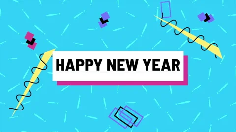 Happy New Year text with memphis abstract geometric pattern Stock Footage 255869082
