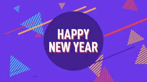 Happy New Year text with memphis abstract geometric pattern Stock Footage 255869100