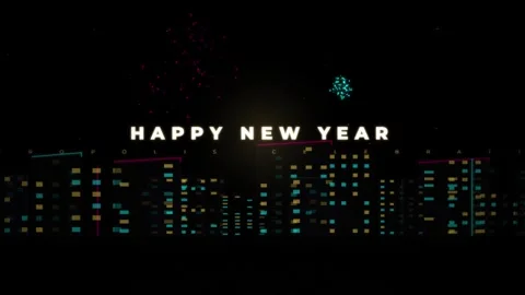 Happy New Year text over stylized city skyline with festive fireworks motio.. Stockbeeldmateriaal 344685170