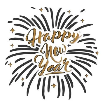 Happy New Year text with rays of burst and stars. Template for greeting card Stock Illustration