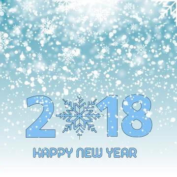 Happy New Year text  on snowing blue background. 2018. Vector. Stock Illustration