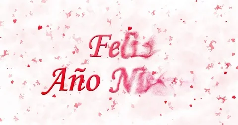Happy New Year text in Spanish "Feliz ano nuevo" turns to dust from bottom on Stock Footage 70448599