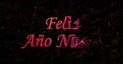Happy New Year text in Spanish "Feliz ano nuevo" turns to dust from bottom on Stock Footage 70458178