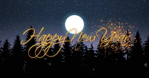 Happy New Year Text Tree Silhouette Night 4K stock video... Stock Footage 164496871