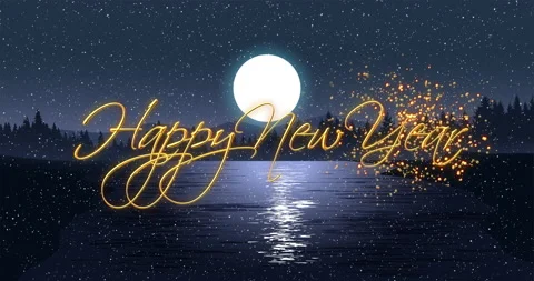 Happy New Year Text Tree Silhouette Night 4K stock video... Stock Footage 164497910