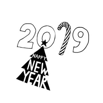 Happy New Year typographic emblems set. Vector logo, text design. Black and w Stock Illustration