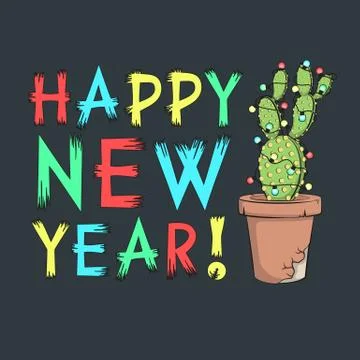 Happy New Year. Vector card with cactus and garland. Stock Illustration
