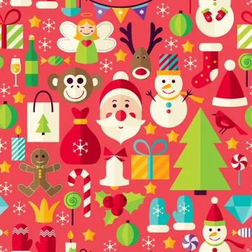 Happy New Year Vector Flat Design Red Seamless Pattern Stock Illustration