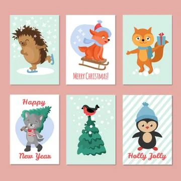 Happy new year vector flyers. Merry christmas postcard with cute winter animals Stock Illustration