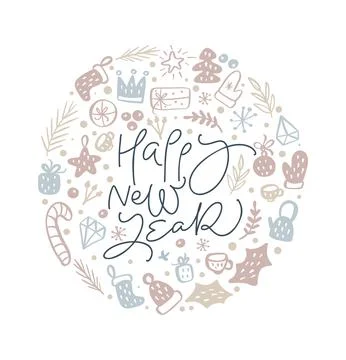 Happy New Year vector monoline calligraphic lettering Christmas text and round Stock Illustration