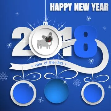 Happy New Year vector paper art with numbers, Christmas ball with dog and han Stock Illustration