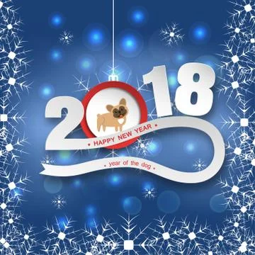 Happy New Year vector poster with numbers, stripe and hanging christmas ball  Stock Illustration