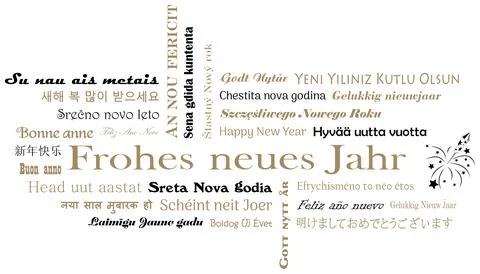 Happy New Year vector text. European speech, Chinese, Japanese, Hindi, Korean. Stock Illustration
