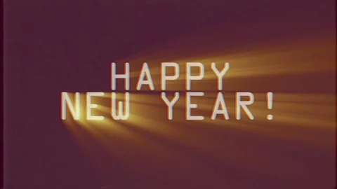 HAPPY NEW YEAR words light rays moving vhs retro effect close up seamless loop Video stock 83747331