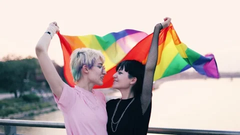 Happy non-binary couple waving rainbow flag Stock Footage 161019129
