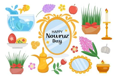 Happy Nowruz day objects set. Collection of design elements with potted grass Stockillustratie