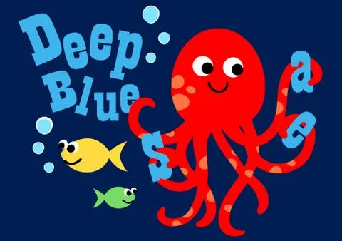 Happy octopus swimming with two fish Stock Illustration