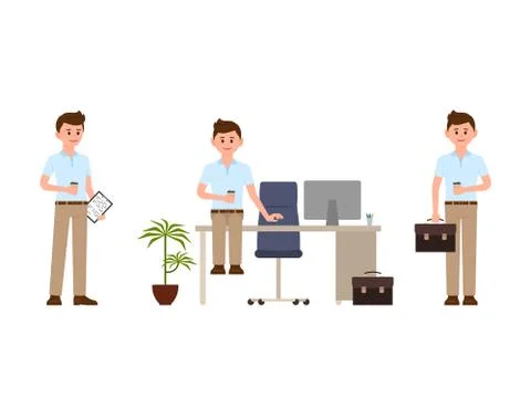 Happy office man drinking coffee at work cartoon character Stock Illustration