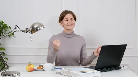 Happy office worker finished a project successfully, woman business owner Stock Footage 164198245