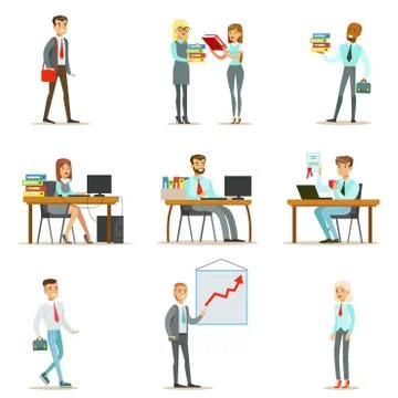 Happy Office Workers And Managers Working In The Office Space On Their Desks And Illustrazione stock